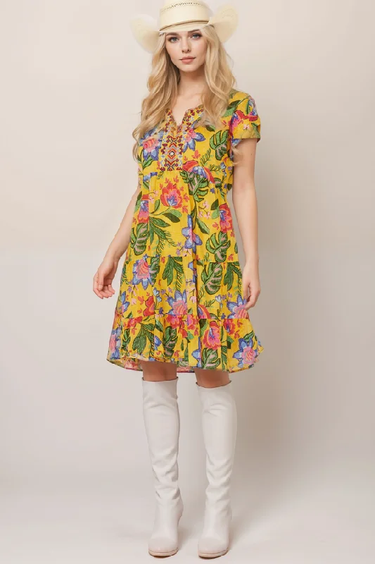 ladies-mini-dress-chartreuse-chic-Johnny Was Workshop Women's Floral Prairie Mini Dress W36324 Boho Chic