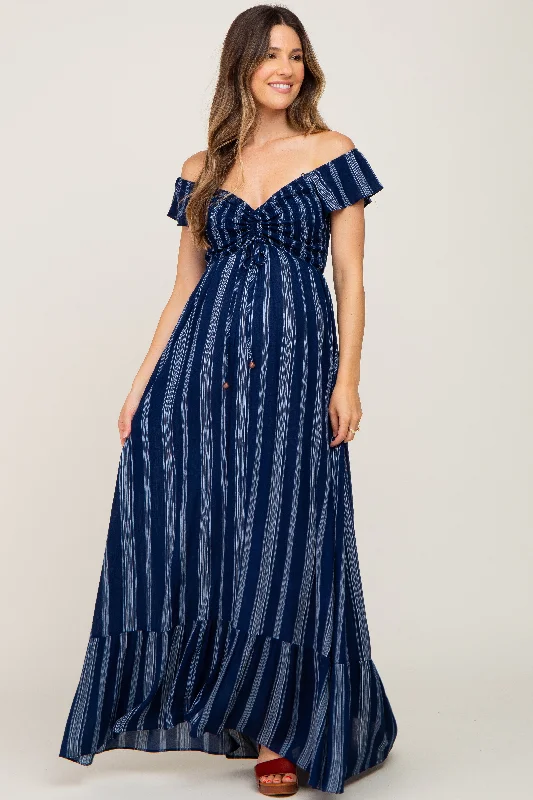 Women's floral dress year chic -Navy Blue Striped Off Shoulder Front Tie Maternity Maxi Dress