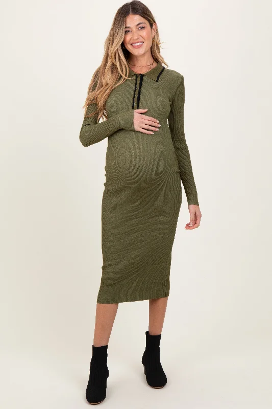 Women's midi dress easy flair -Olive Contrast Trim Ribbed Knit Button Up Maternity Midi Dress