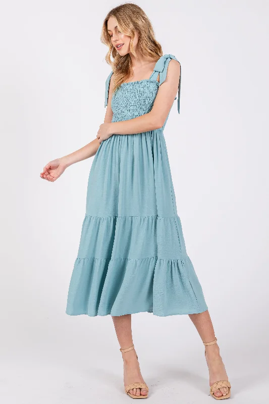 Women's midi dress soil glow -Light Blue Smocked Tie Strap Tiered Midi Dress