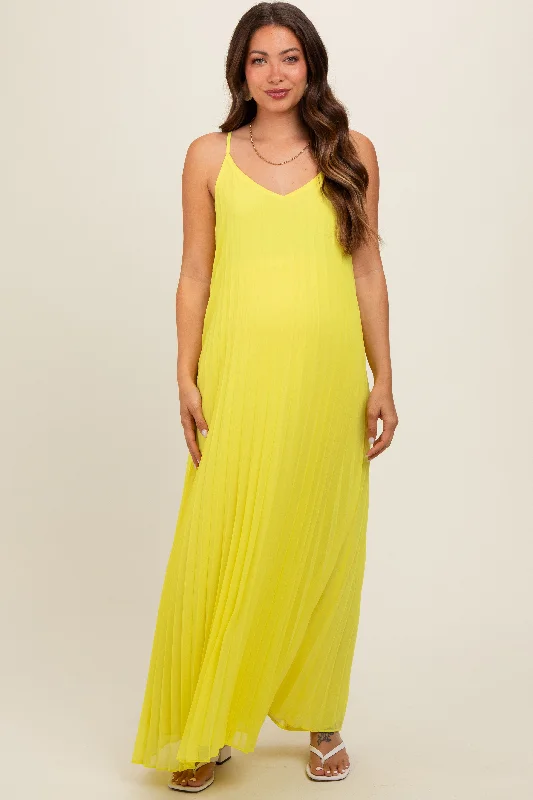 Women's floral dress leaf pop -Lime Pleated Sleeveless Maternity Maxi Dress