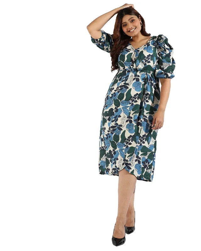 ladies-floral-dress-keyhole-kiss-Women Floral Design Casual Dress | Navy