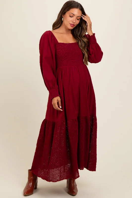 Women's floral dress 70s pop -Burgundy Smocked Eyelet Lace Hem Maternity Maxi Dress