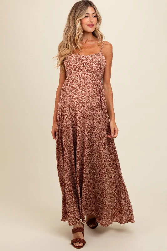 Women's floral dress wrap pop -Mauve Floral Cutout Tie Back Maternity Maxi Dress