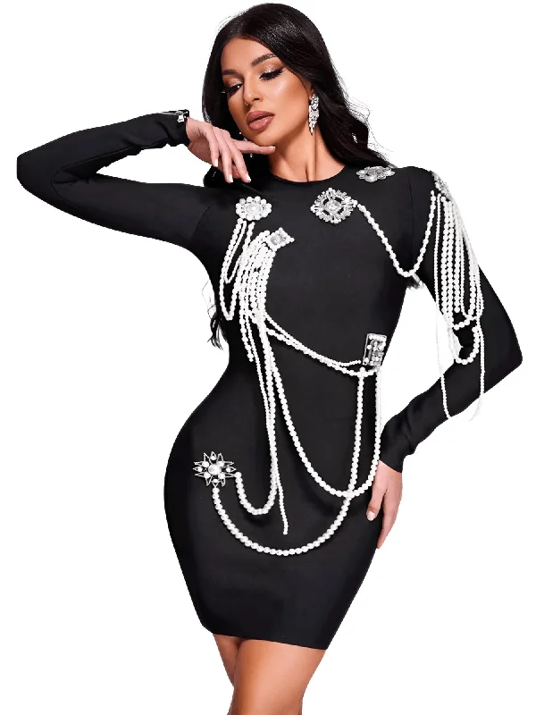 ladies-mini-dress-pearl-punch-Long Sleeve Luxury Beaded Chain Black Velvet Mini Dress Women