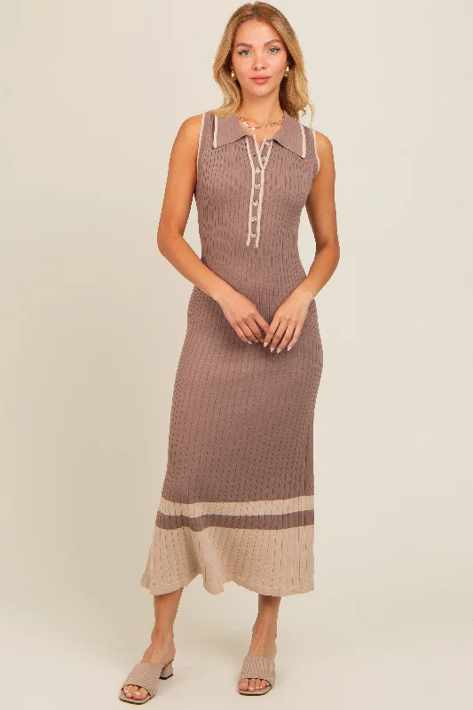 Women's midi dress icy pop -Mocha Knit Button Front Contrast Border Midi Dress