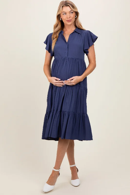 Women's midi dress retro glow -Navy Blue Ruffle Sleeve V-Neck Tiered Maternity Midi Dress