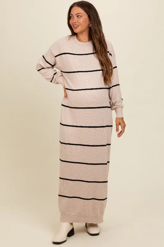 Women's midi dress task pop -Beige Striped Knit Drop Shoulder Maternity Midi Dress