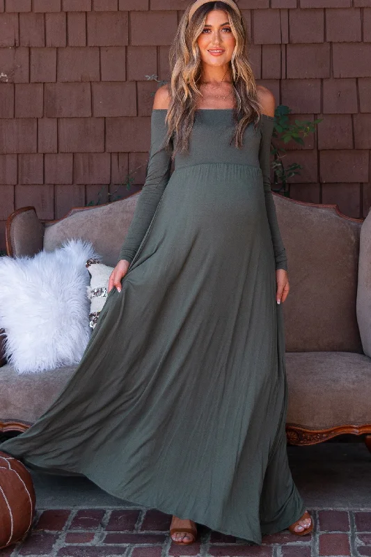 Women's floral dress perk glow -PinkBlush Olive Solid Off Shoulder Maternity Maxi Dress