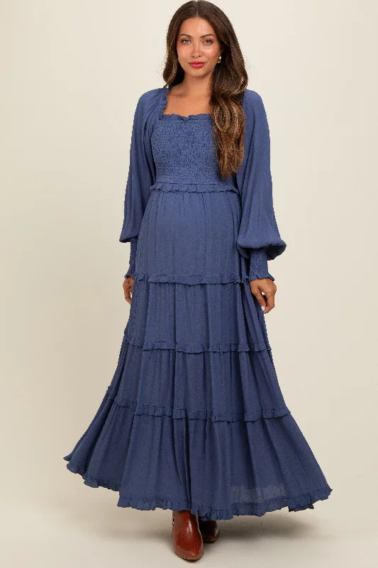 Women's floral dress mesh pop -Periwinkle Smocked Long Sleeve Ruffle Tiered Maternity Maxi Dress