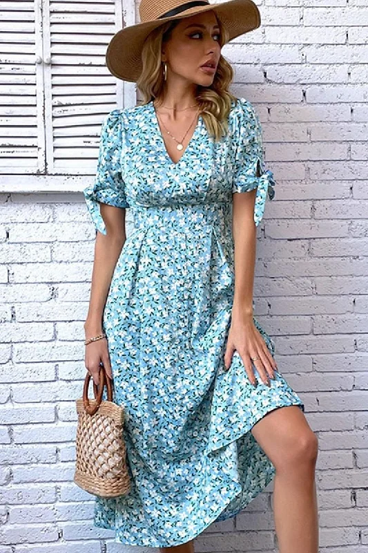 ladies-floral-dress-tall-tide-FLORAL TIGHTEN WAIST PUFF RIBBON SLEEVES DRESS