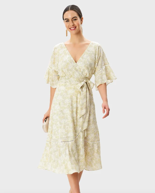 ladies-floral-dress-plus-size-poppy-Graphic Floral Print Modal Ruffle Flounce Wrap Dress | Golden Yellow