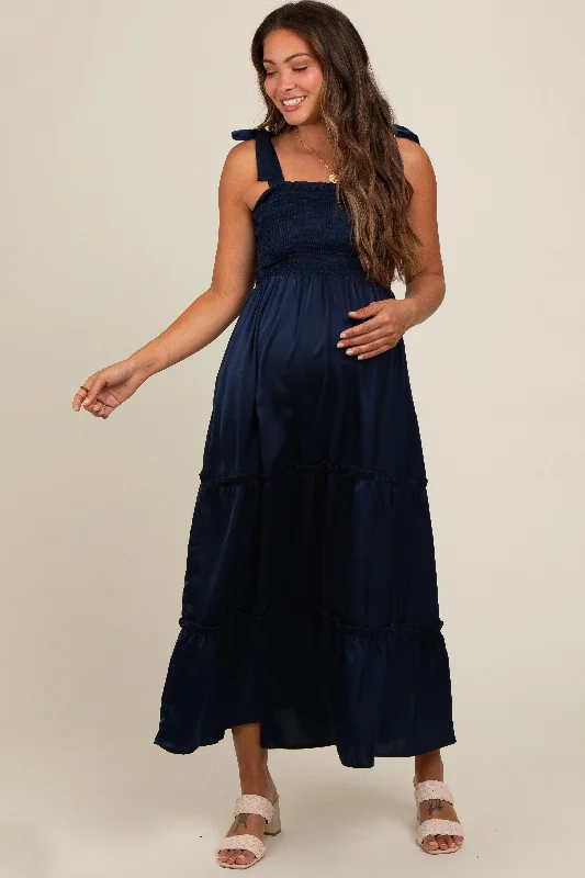 Women's floral dress bond chic -Navy Satin Smocked Maternity Maxi Dress