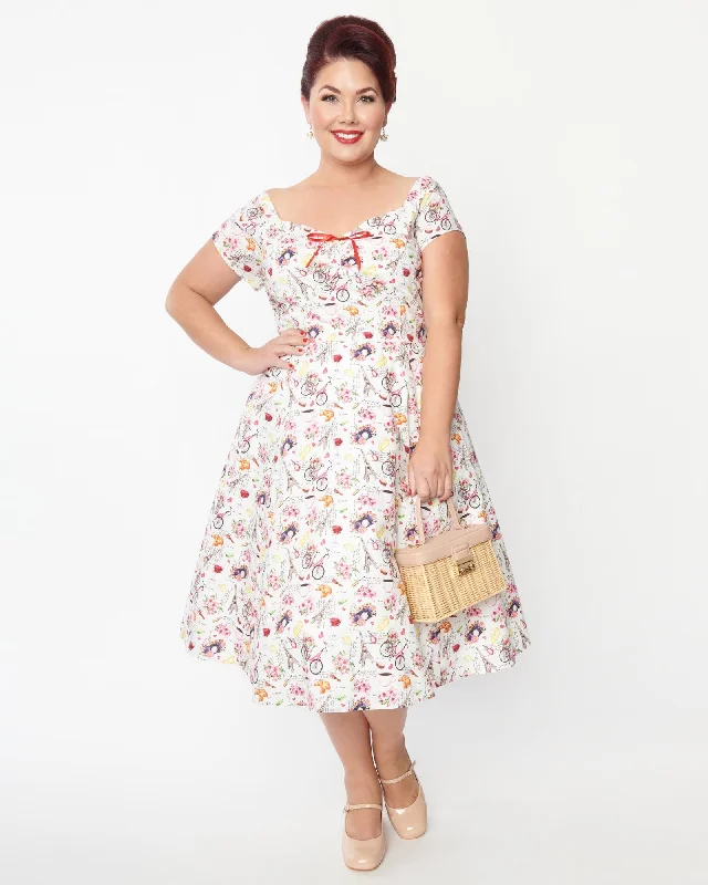 ladies-floral-dress-girls-glow-Unique Vintage Paris Cafe Print Swing Dress | White, Floral