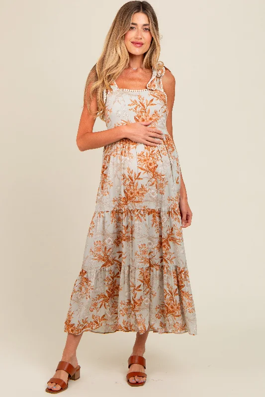 Women's floral dress still flair -Rust Crochet Trim Floral Maternity Maxi Dress