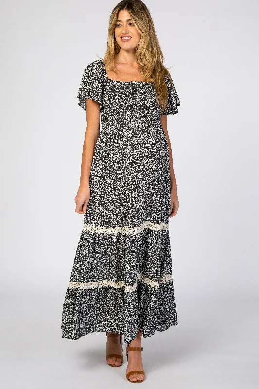 Women's floral dress spark chic -Black Floral Square Neck Smocked Front Lace Trim Maternity Maxi Dress