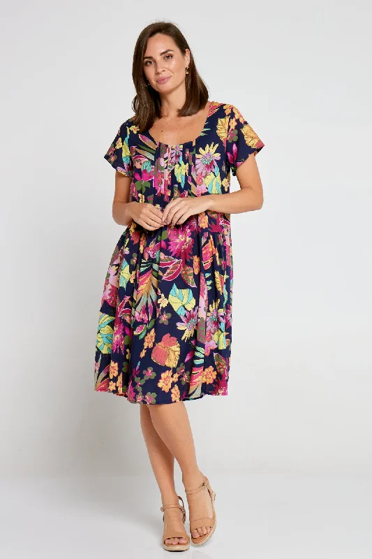 ladies-floral-dress-berry-bloom-Emery Cotton Dress - Navy/Pink Floral