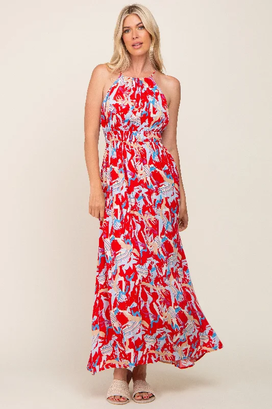 Women's floral dress grip flair -Red Printed Halter Smocked Waist Maxi Dress