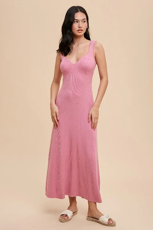 Women's floral dress bell bloom -Pink Knit Maternity Deep V-Neck Maxi Dress