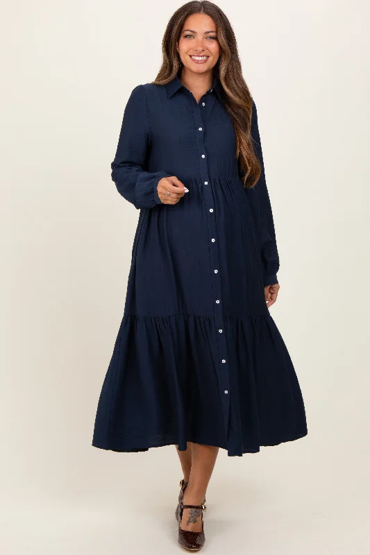 Women's midi dress tide glow -Navy Button Down Long Sleeve Maternity Midi Shirt Dress