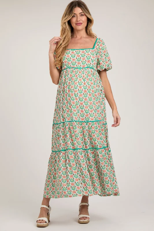 Women's floral dress task glow -Green Floral Print Puff Sleeve Maternity Maxi Dress