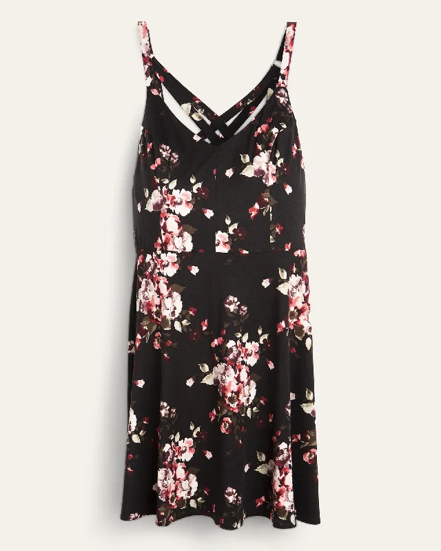 ladies-floral-dress-sophisticated-sprout-Evelyn Floral-Print Racerback A-Line Dress | Black / Pink