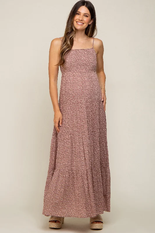 Women's floral dress still flair -Mauve Ditsy Floral Tiered Maternity Maxi Dress