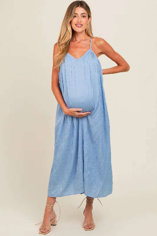 Women's midi dress night chic -Light Blue Crinkle V-Neck Cross Back Maternity Midi Dress