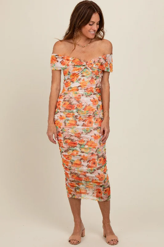 Women's midi dress hub pop -Orange Floral Off Shoulder Ruched Midi Dress