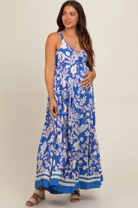 Women's floral dress full bloom -Blue Floral Cutout Back Tie Maternity Maxi Dress