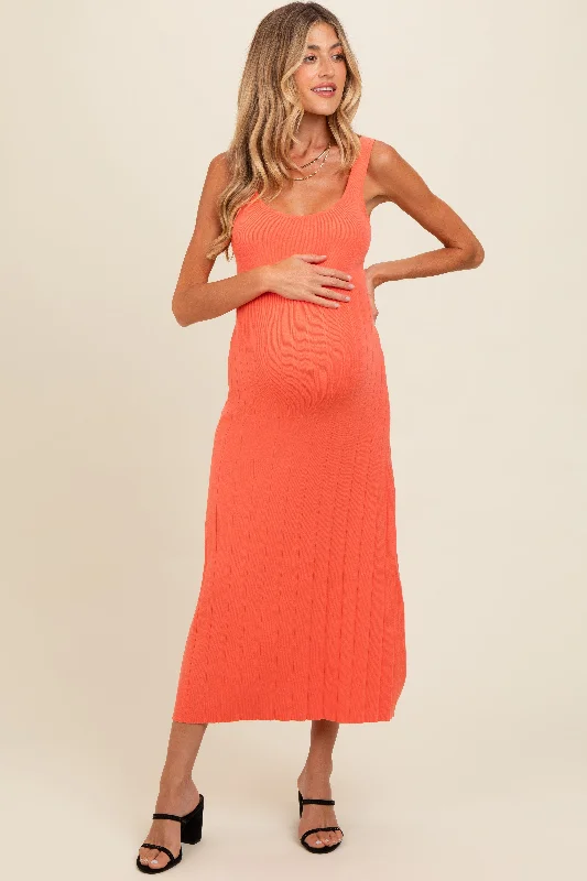 Women's midi dress wide glow -Orange Knit Ribbed Fitted Maternity Midi Dress