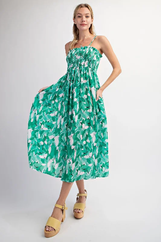 Women's midi dress tropic glow -Green Abstract Floral Smocked Midi Dress