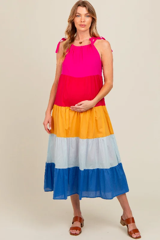 Women's midi dress short chic -Fuchsia Colorblock Tiered Maternity Midi Dress