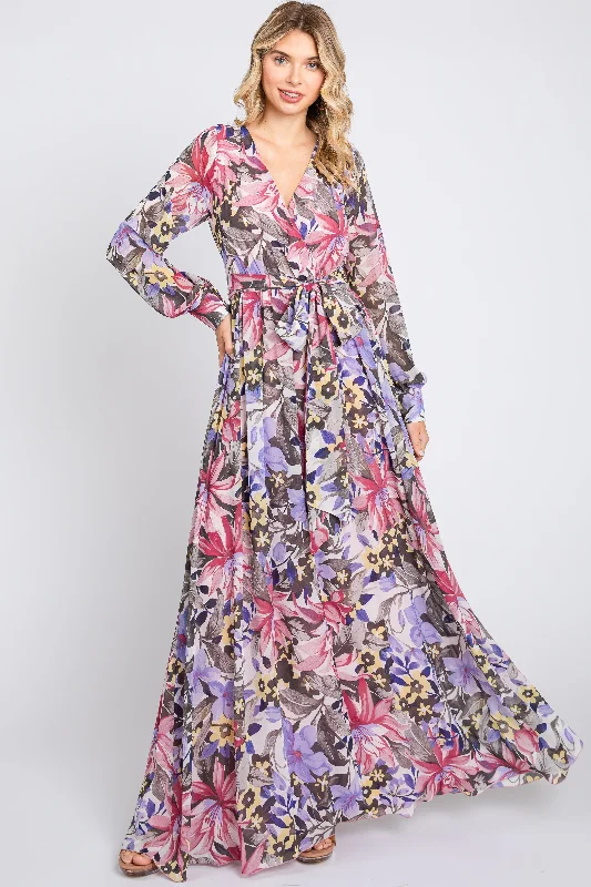 Women's floral dress loud pop -Mauve Floral Chiffon Wrap Front V-Neck Long Sleeve Maxi Dress