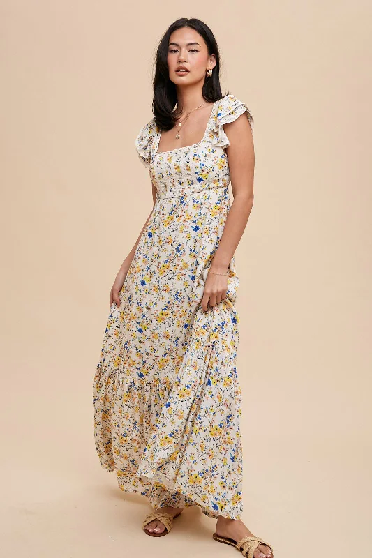 Women's floral dress spark bloom -Multicolor Floral Crochet Accent Maxi Dress