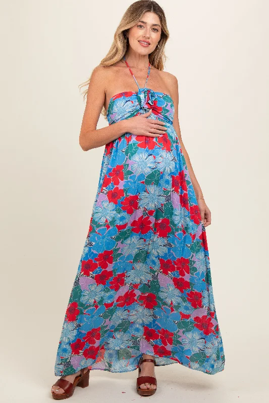 Women's floral dress rare flair -Blue Floral Halter Maternity Maxi Dress