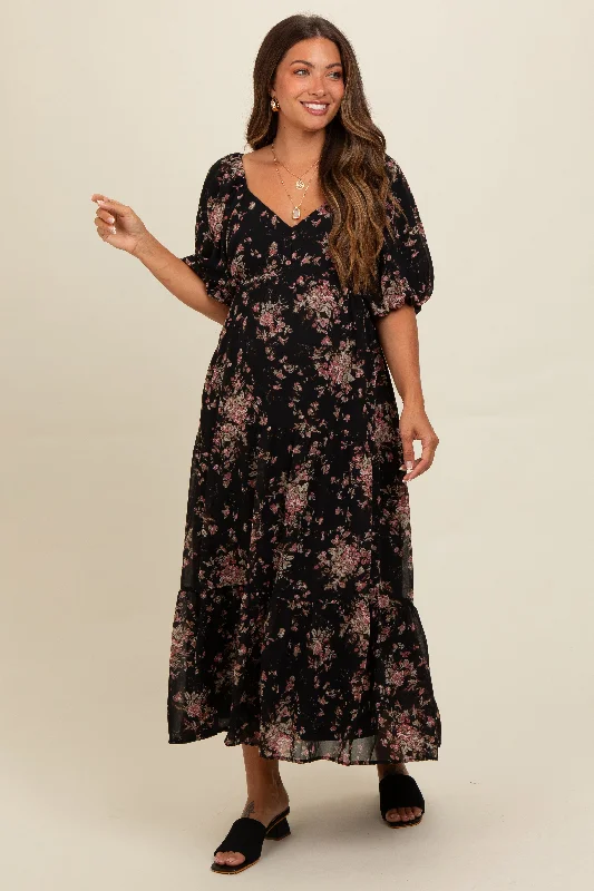 Women's floral dress surf flair -Black Floral Tiered Puff Sleeve Maternity Maxi Dress