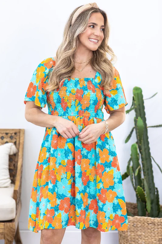 ladies-floral-dress-bold-bud-Turquoise and Orange Floral Smocked Dress