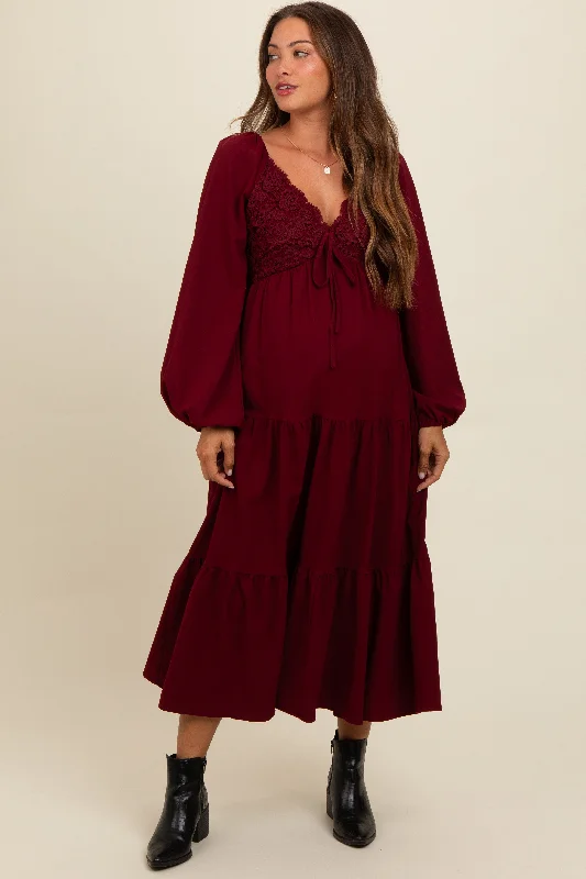 Women's midi dress flash glow -Burgundy Contrast Lace Bodice Tiered Maternity Midi Dress