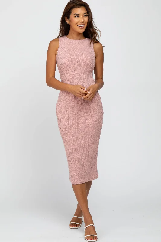 Women's midi dress shy glow -Mauve Twist Back Accent Ribbed Midi Dress