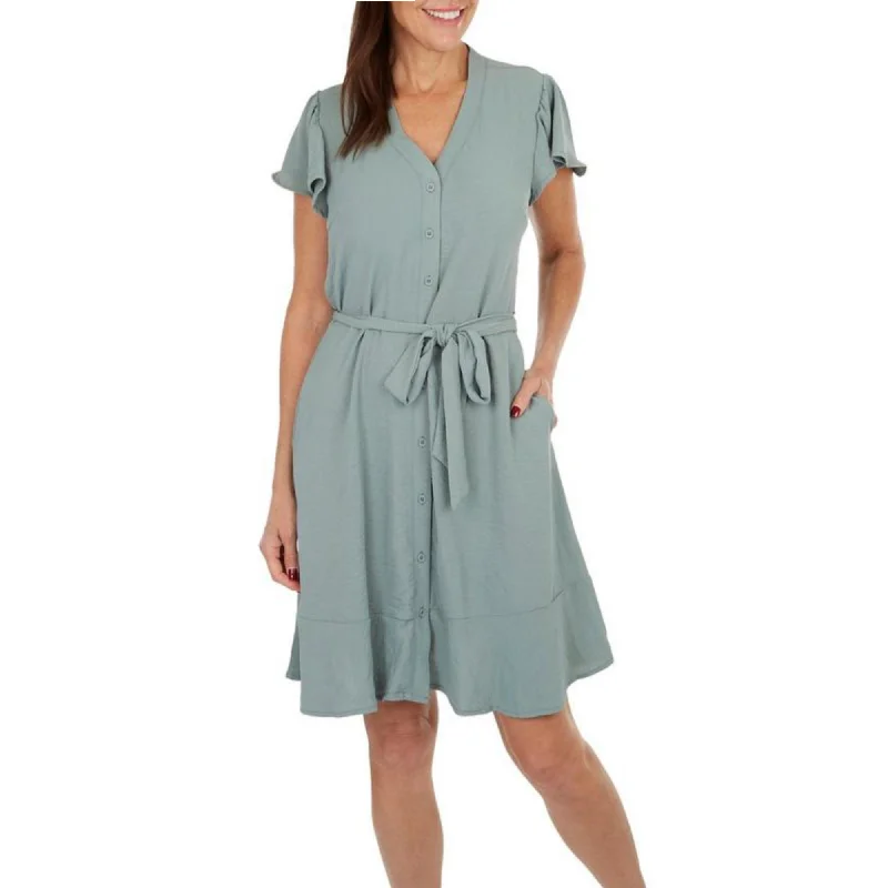 ladies-mini-dress-beach-babe-Lucky Brand Women's Flutter Sleeve V-neck Button Front Mini Shirt Dress