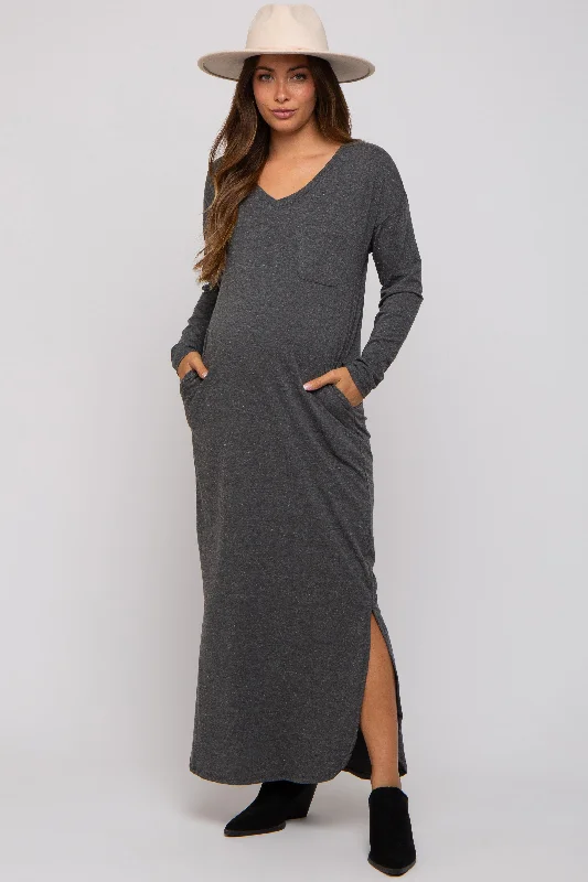 Women's floral dress still glow -Charcoal Heathered Pocketed Long Sleeve Maternity Maxi Dress