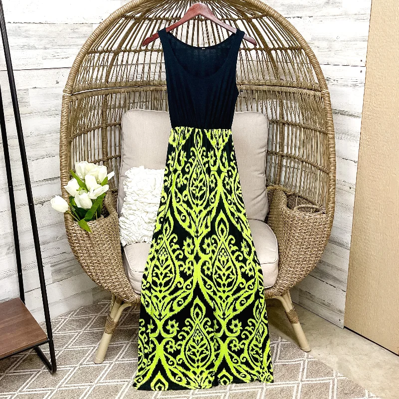 Women's floral dress fuzz bloom -Last Chance Size Medium | Black Tank Maxi Dress in Black and Neon Green Damask Print