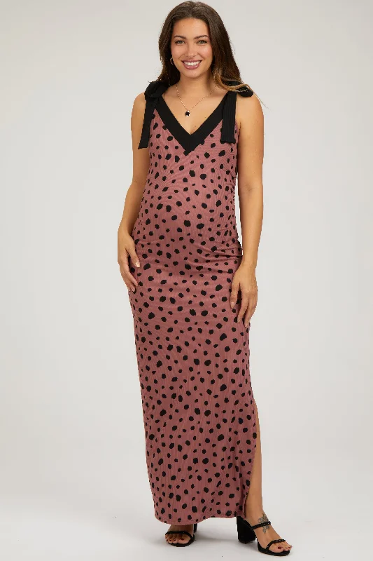 Women's floral dress buzz chic -Mauve Ribbed Polka Dot Shoulder Tie Maternity Maxi Dress