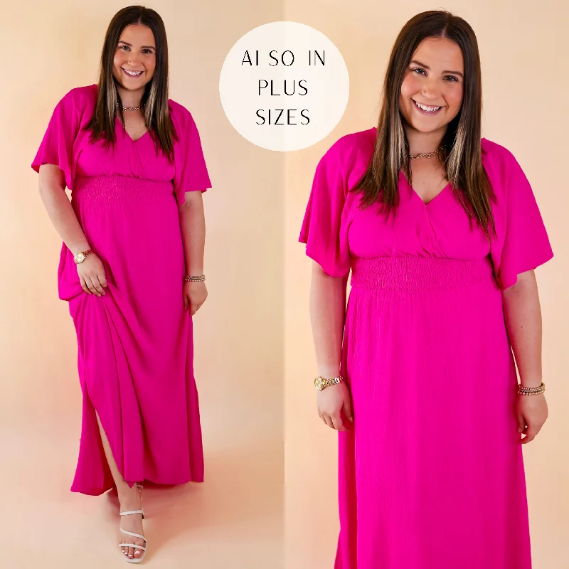 Women's floral dress stark chic -Last Chance Size Small | Wildly In Love V Neck Maxi Dress with Smocked Waist in Fuchsia Pink