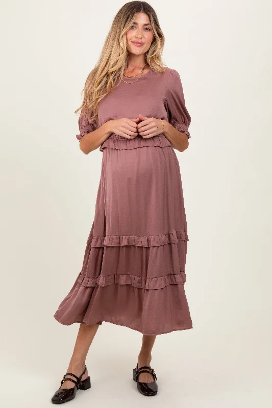 Women's midi dress ever chic -Mauve Satin Ruffle Trim Maternity Midi Dress