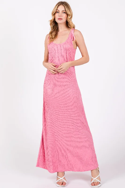 Women's midi dress mid pop -Pink Textured Tie Strap Midi Dress