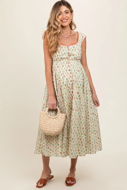 Women's floral dress citrus glow -Cream Floral Button Front Sleeveless Maternity Maxi Dress