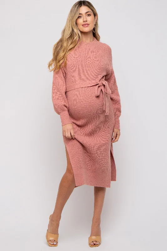 Women's midi dress gleam pop -Mauve Side Slit Maternity Sweater Midi Dress