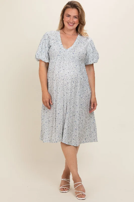 Women's midi dress swirl charm -Light Blue Floral Puff Sleeve Plus Maternity Midi Dress